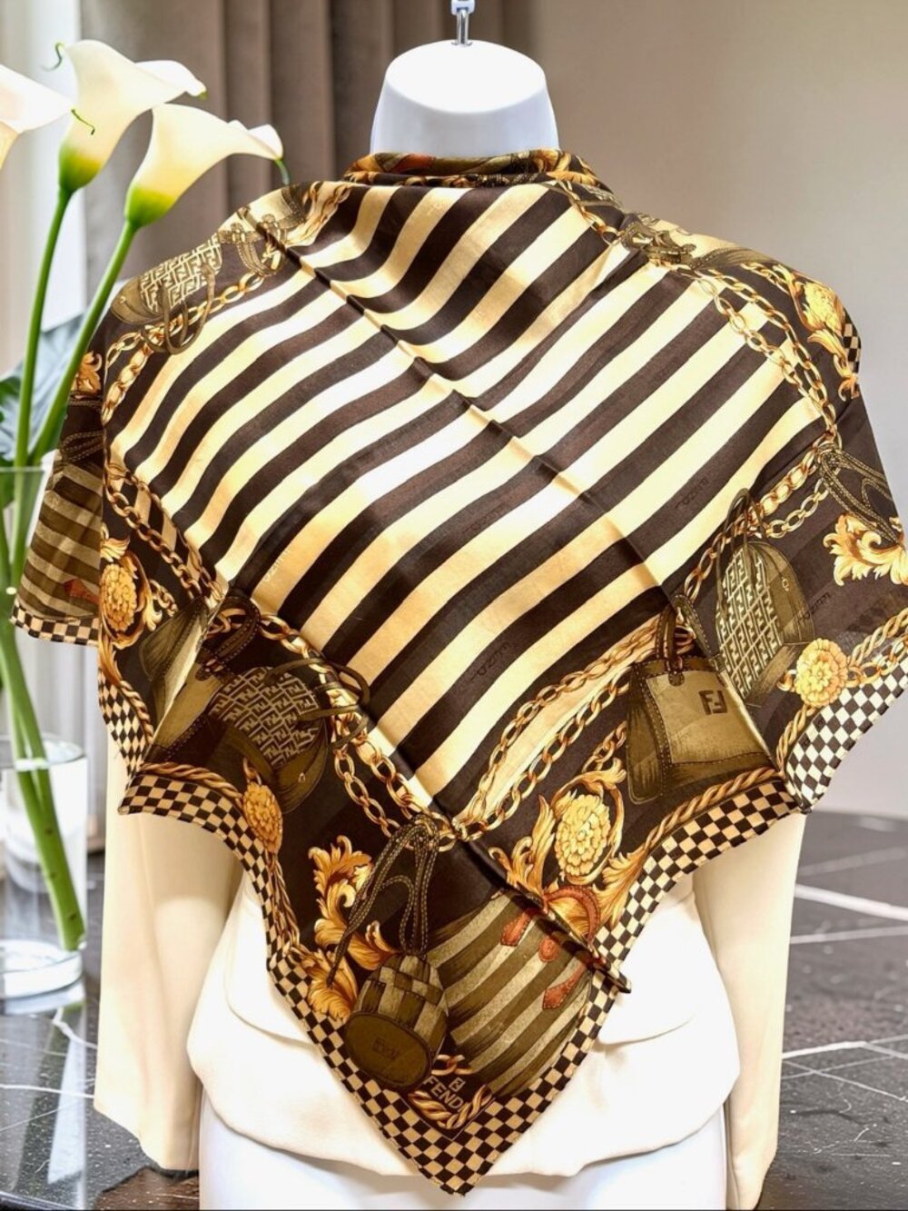Unused Fendi Scarf Cotton & Silk 22" FF Logo Chain Check Olive Brown Striped(23